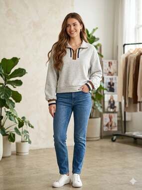 Jodifl Light Grey Quarter-Zip Pullover Sweatshirt with Striped Ribbed Trim